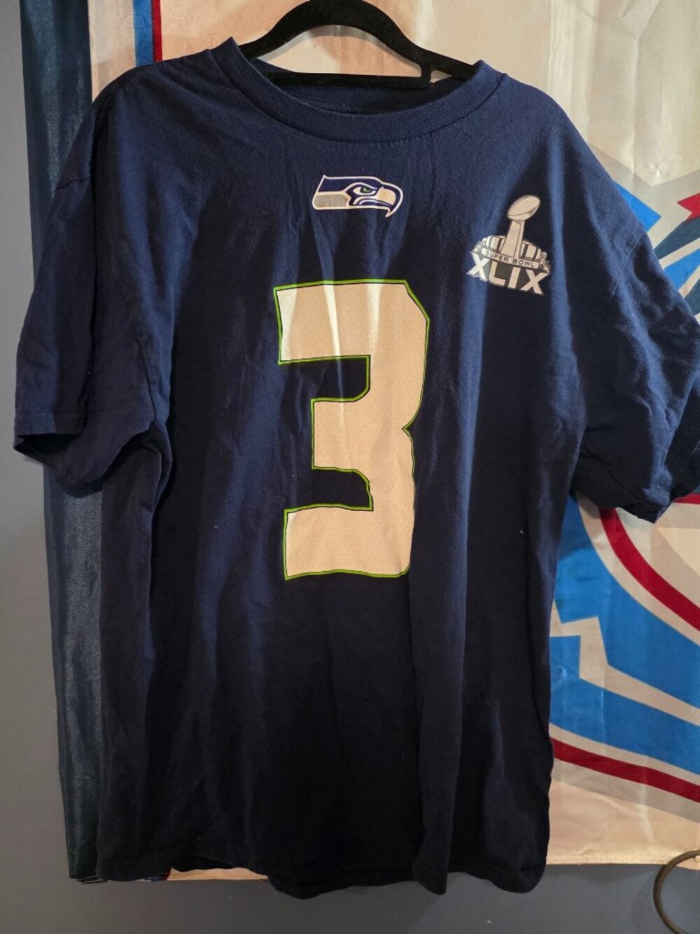 Majestic Russell Wilson #3 Seahawks Super Bowl XLIX Shirt L